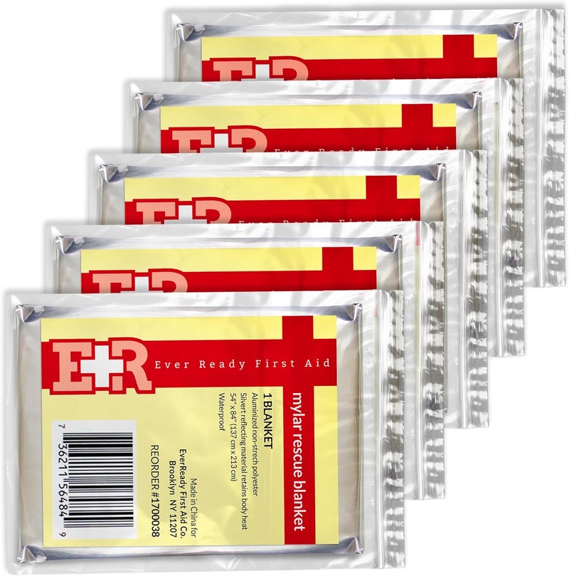 Ever Ready First Aid Mylar Rescue Blanket, Large Silver Thermal Sheet for Emergency and Survival, 54” x 84” – 5 Count - Image 1