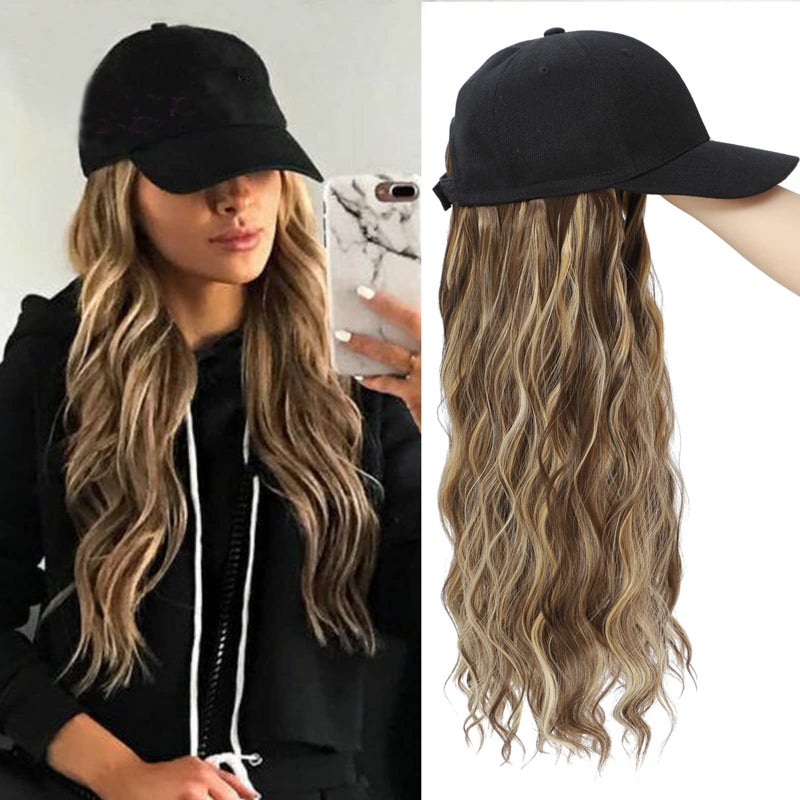 Yunkang Yunkang Baseball Cap Wig Long Natural Wavy Hair Extensions With Hat Heat Resistant Synthetic Fiber Extensions Adjustable Hat Wig for Women Girls BM Brown blonde 