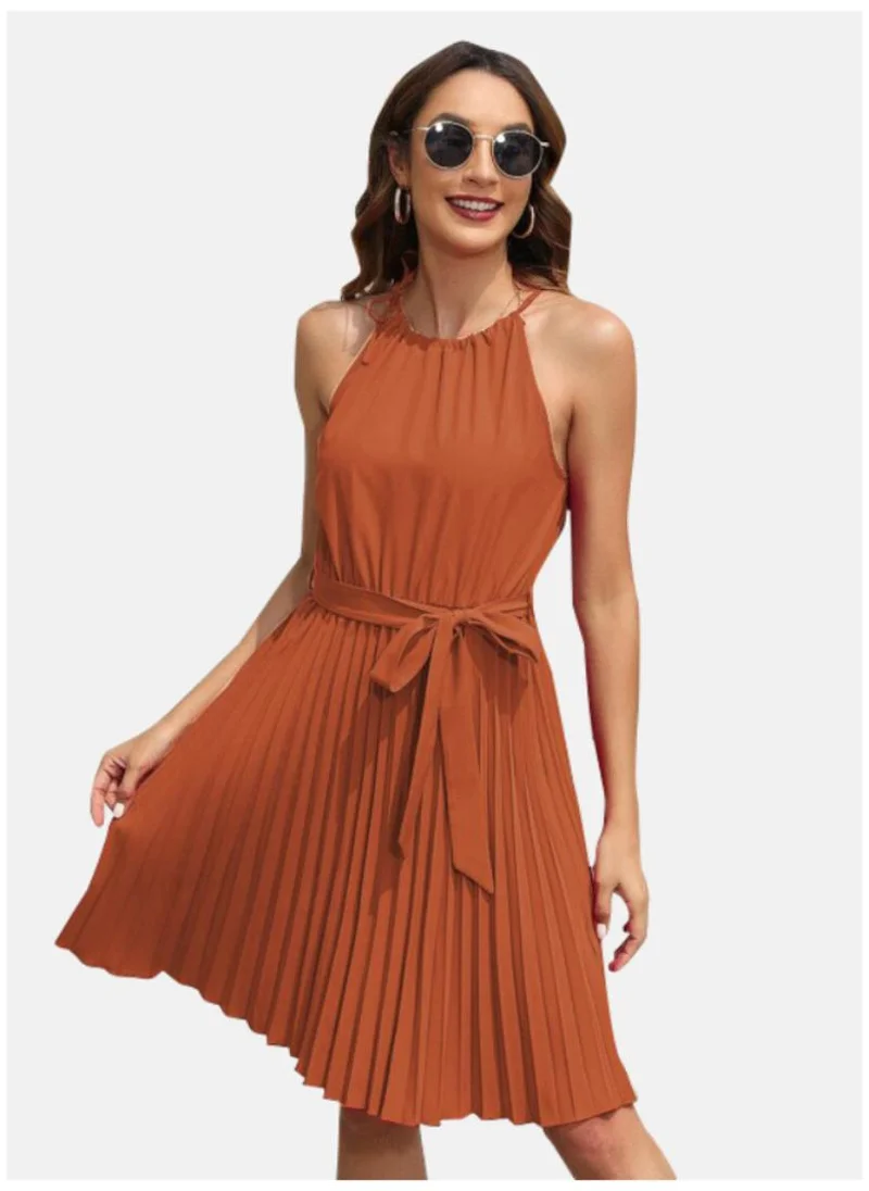 يونيكي Rust Brown Round Neck Sleeveless Accordion Pleated Cotton Fit & Flare Dress