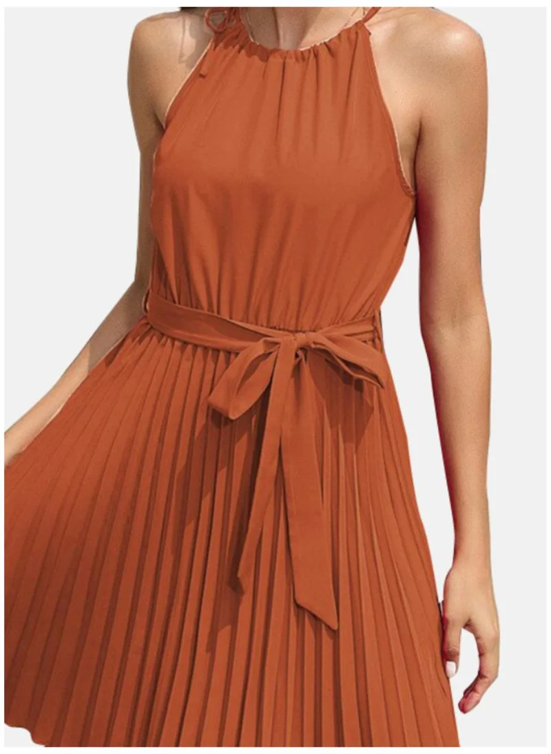 يونيكي Rust Brown Round Neck Sleeveless Accordion Pleated Cotton Fit & Flare Dress