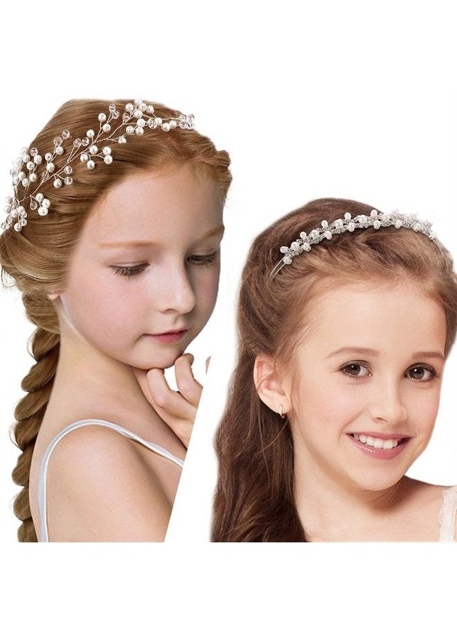 WILLBOND 2 Pieces Flower Girls Headpiece Princess Wedding Faux Pearls Rhinestone Headband Bridal Crystal Hairband Tiara for Flower Girls Toddler Crown Wedding Party Hair Accessory  - Image 1
