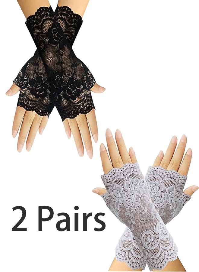 2 Pairs Women's Short Lace Gloves Sun Protection Fingerless Bridal Wrist Gloves Opera Gala Wedding Tea Party Dance Role Play 1920s - Image 1