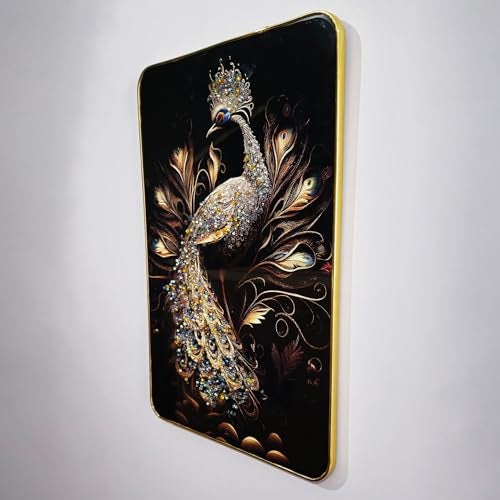 Masstone Decorative Peacock Wall Painting 45x30 cm | Crystal Embedded High Gloss Surface | Golden Slim Frame Embossed Wall Art | Luxury Wall Hanging for Living Room, Bedroom, Office & Home Décor - Image 2