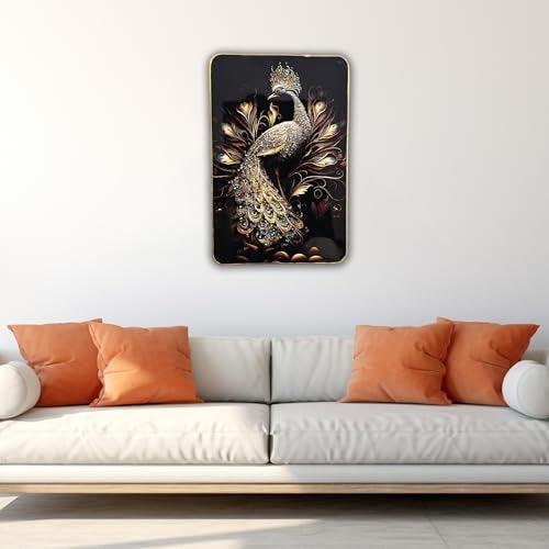 Masstone Decorative Peacock Wall Painting 45x30 cm | Crystal Embedded High Gloss Surface | Golden Slim Frame Embossed Wall Art | Luxury Wall Hanging for Living Room, Bedroom, Office & Home Décor - Image 4