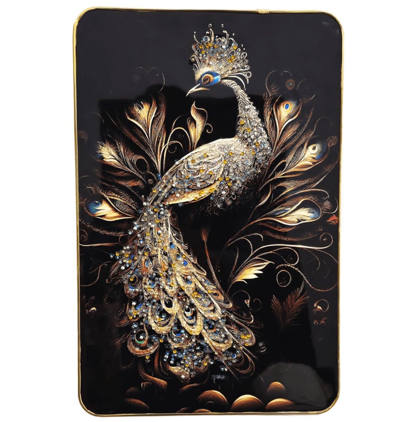 Masstone Decorative Peacock Wall Painting 45x30 cm | Crystal Embedded High Gloss Surface | Golden Slim Frame Embossed Wall Art | Luxury Wall Hanging for Living Room, Bedroom, Office & Home Décor - Image 1
