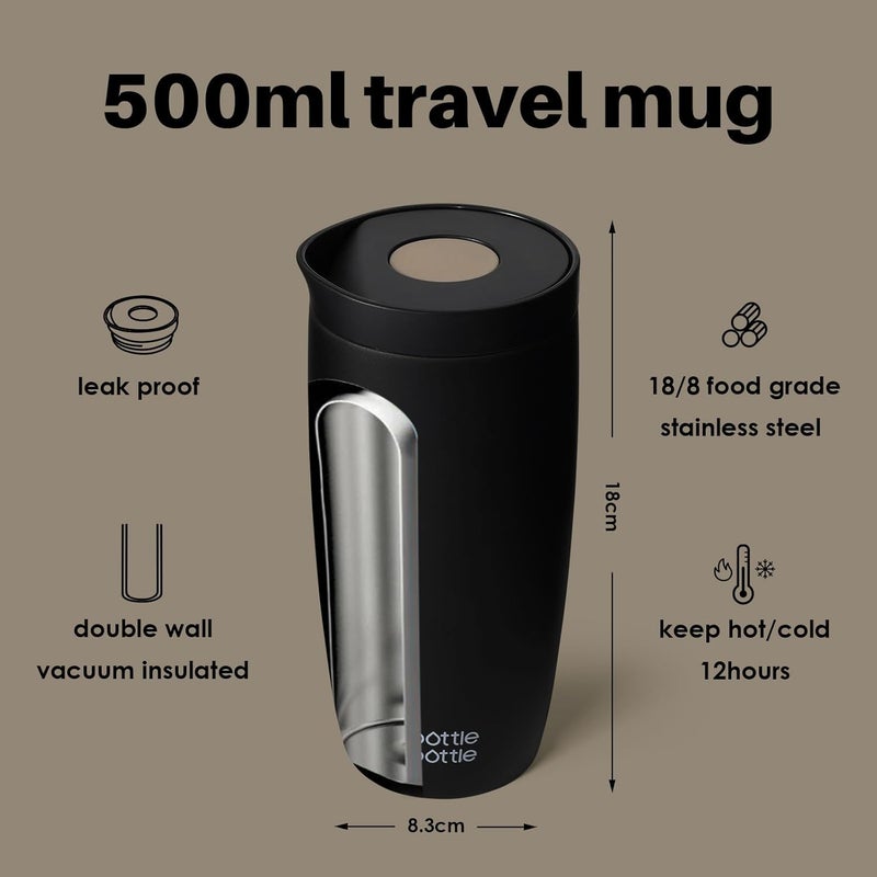 bottle bottle Insulated Stainless Steel Travel Mug, 500ml Capacity, Coffee Cup with Push Button, Lid Keeps Cold and Hot for 12 Hours - Black - Image 2