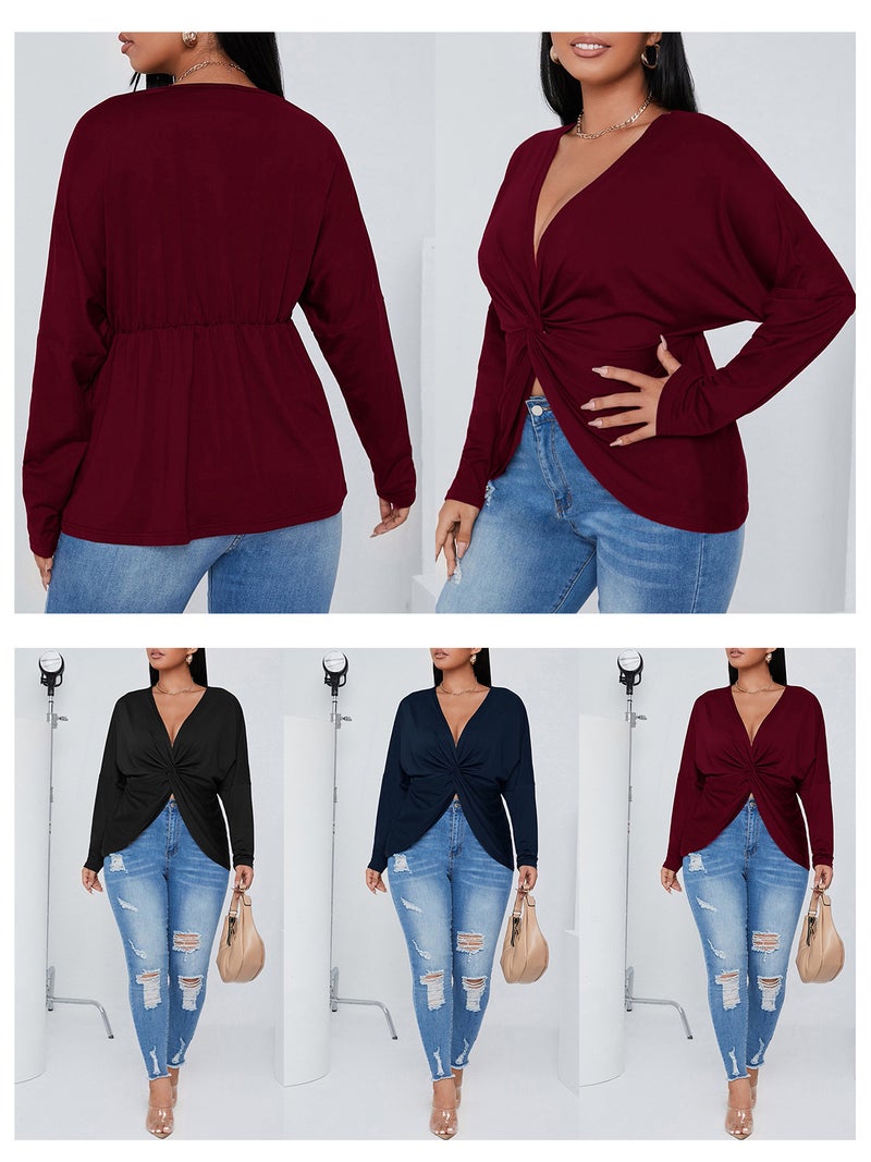 Women Long Sleeve T-shirt V Neck Twisted Irregular Plus Size Casual Tops - Image 3