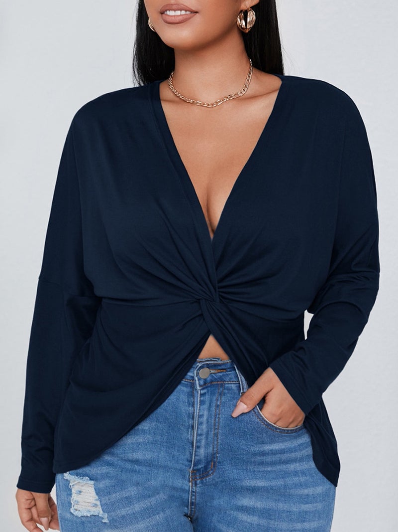 Women Long Sleeve T-shirt V Neck Twisted Irregular Plus Size Casual Tops - Image 5