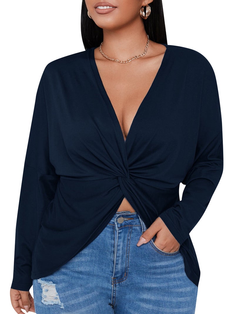 Women Long Sleeve T-shirt V Neck Twisted Irregular Plus Size Casual Tops - Image 1