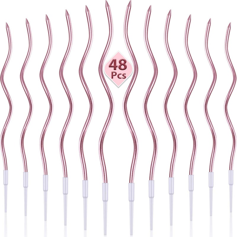 48 Pieces Twisty Birthday Spiral Cake Candles with Holders Long Thin Curly Coil Metallic Cake Cupcake Candles for Birthday Wedding Party DecorationMetallic Rose Gold