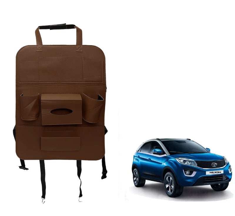 Oshotto Car Backseat Storage Organizer Phone Holder,Multi-Pocket for Bottles, Tissue Boxes,Kids Toy Storage and Great Travel Accessory Compatible with Tata Nexon (Brown) - Image 1
