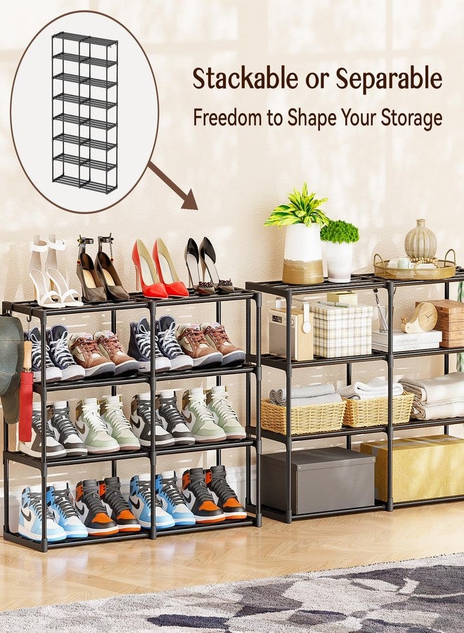 SUFAUY Large Shoe Rack Organizer, 2 Row 8 Tier 32-40 Pairs with Hooks, Sturdy Metal, DIY Stackable &Adjustable, Black - Image 2