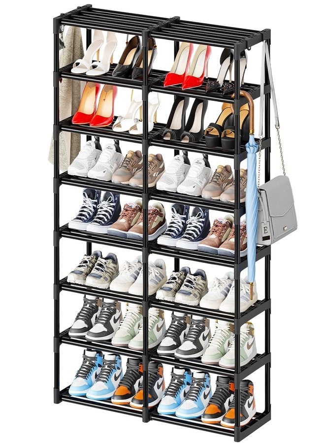 SUFAUY Large Shoe Rack Organizer, 2 Row 8 Tier 32-40 Pairs with Hooks, Sturdy Metal, DIY Stackable &Adjustable, Black - Image 1