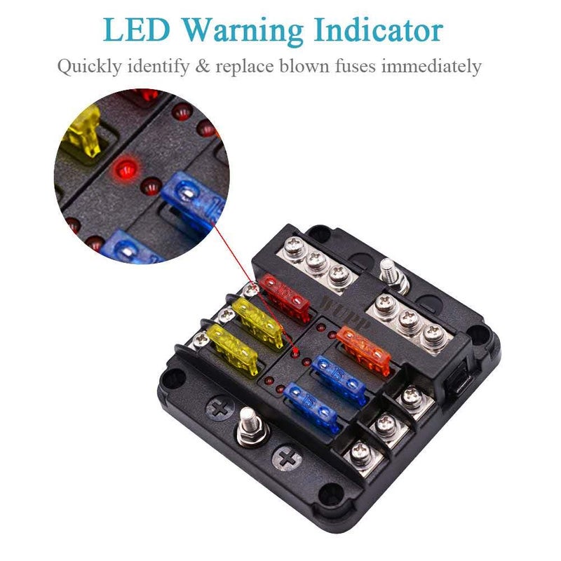 WUPP 12 Volt Fuse Block, Waterproof Boat Fuse Panel with LED Warning Indicator Damp-Proof Cover, 6 Circuits with Negative Bus Fuse Box for Car Marine RV Truck DC 12-24V - Image 3