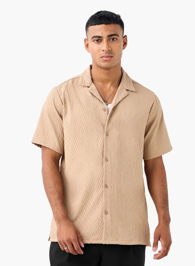 Splash FAV Regular Fit Dobby Textured Shirt with Camp Collar and Short Sleeves
