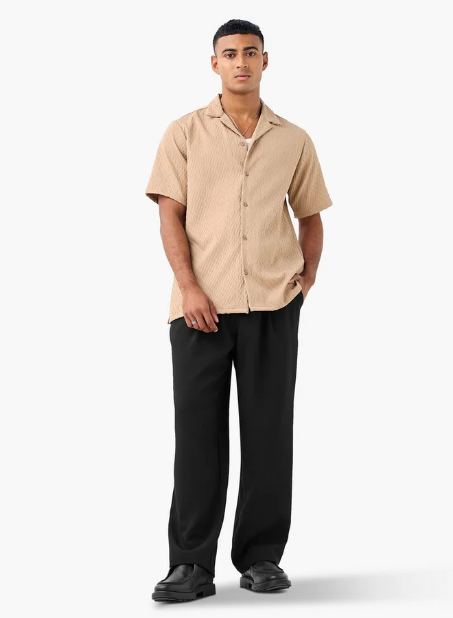 Splash FAV Regular Fit Dobby Textured Shirt with Camp Collar and Short Sleeves