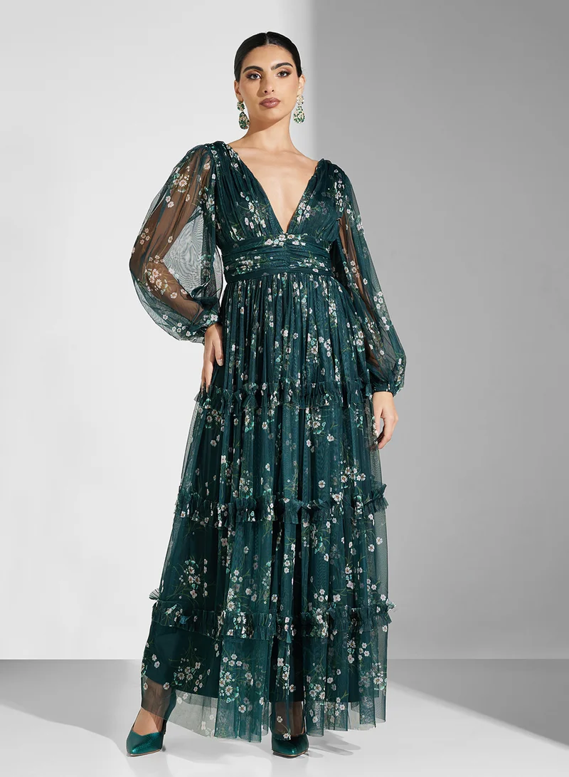 Lace and Beads Floral Print V-Neck Maxi Dress