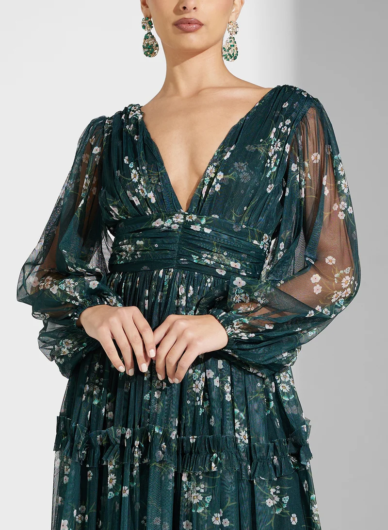Lace and Beads Floral Print V-Neck Maxi Dress