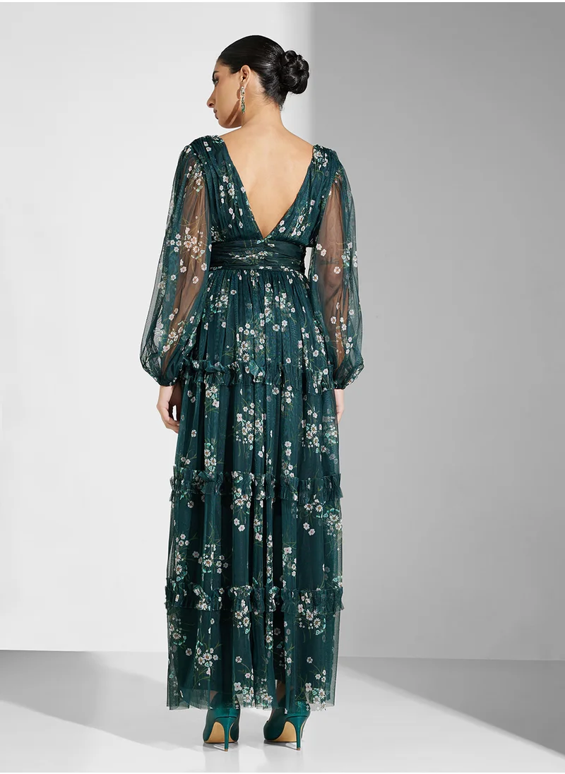 Lace and Beads Floral Print V-Neck Maxi Dress