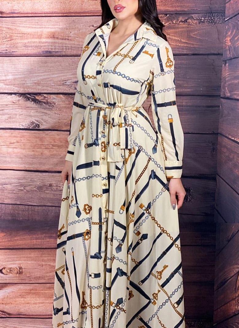 فرايديين نمط المشاهير طوق متقلب طباعة حزام ازرار كم القميص فساتين طويلة ابيض - Image 2