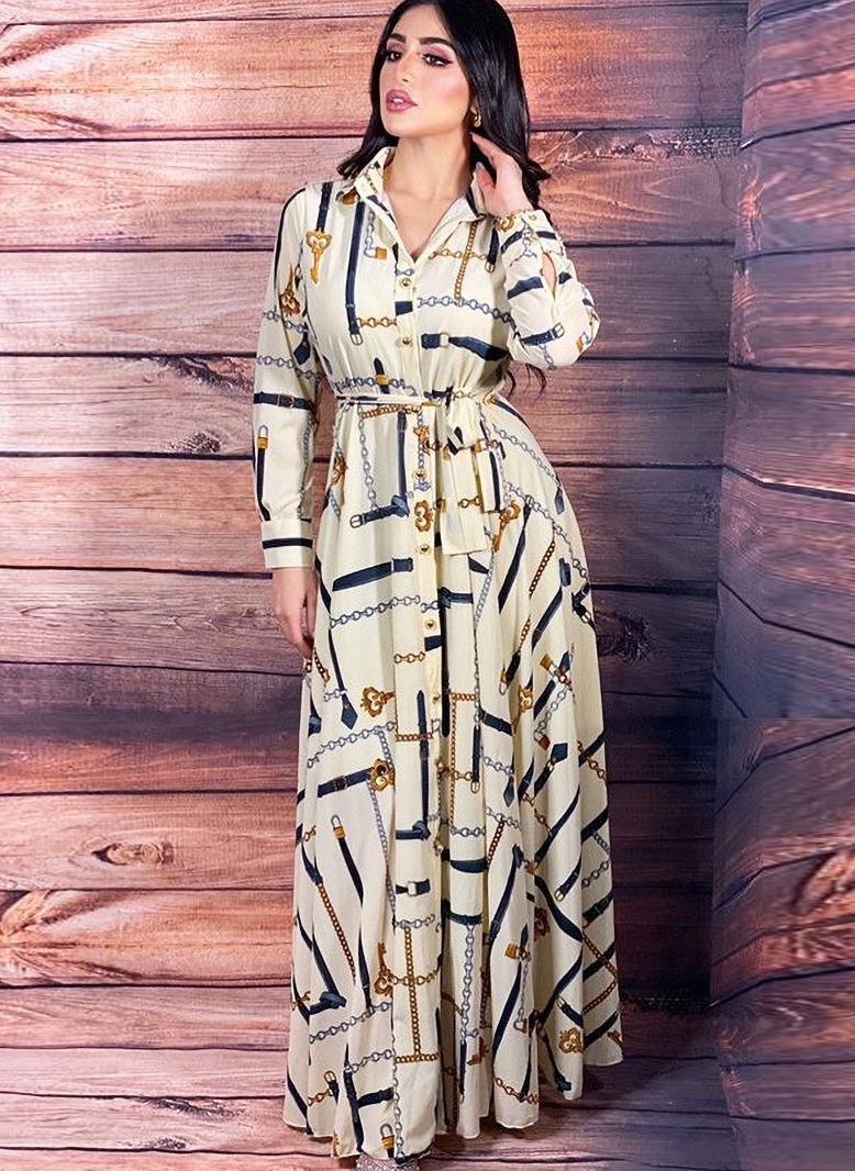 فرايديين نمط المشاهير طوق متقلب طباعة حزام ازرار كم القميص فساتين طويلة ابيض - Image 1