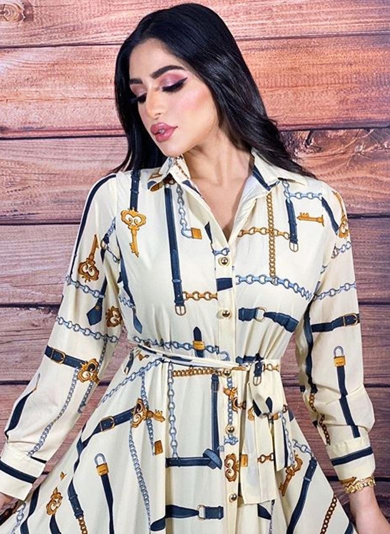 فرايديين نمط المشاهير طوق متقلب طباعة حزام ازرار كم القميص فساتين طويلة ابيض - Image 3