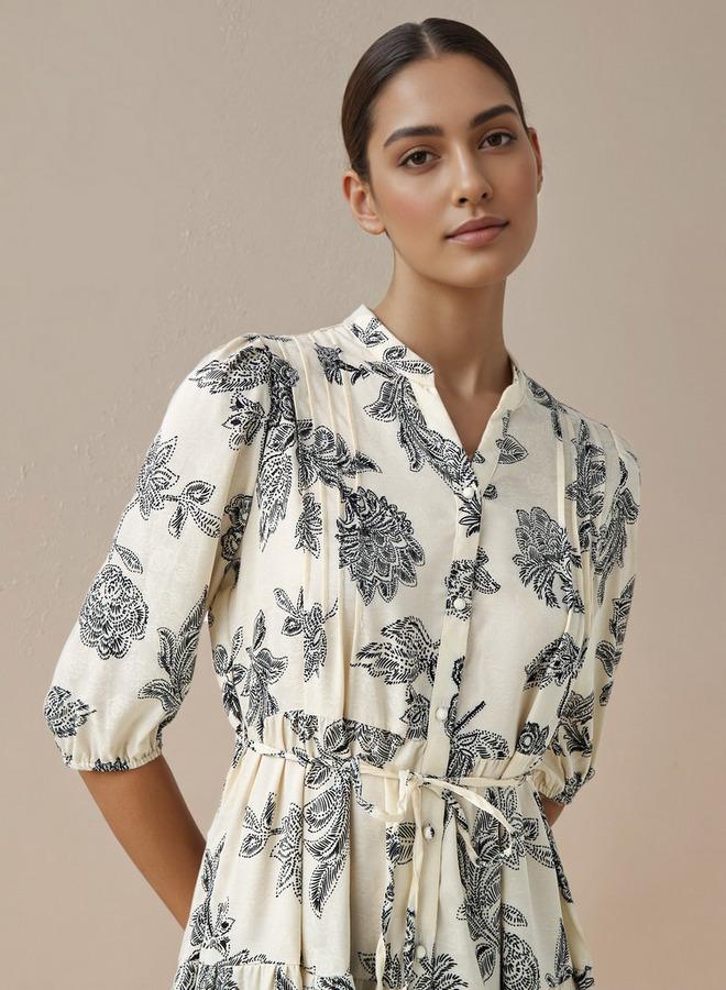 سبلاش فيڤ فستان نسائي متوسط الطول بطبعات زهور وتفاصيل طيات من الفيسكوز - Image 4