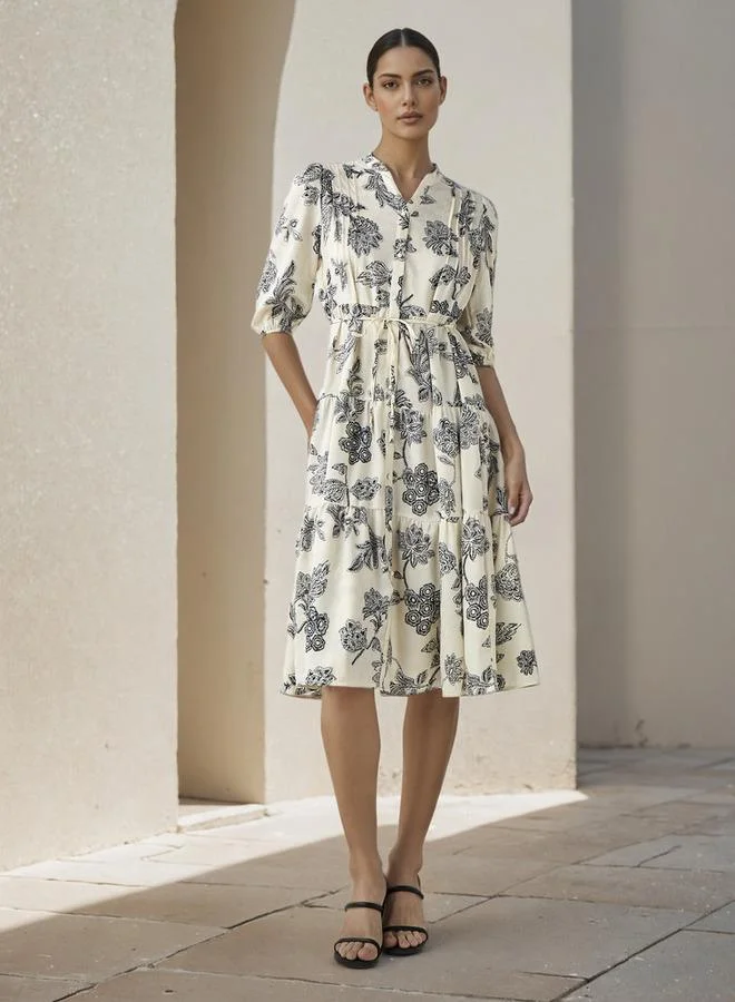 Splash FAV Floral Print Midi Women Dress with Pintuck Detail