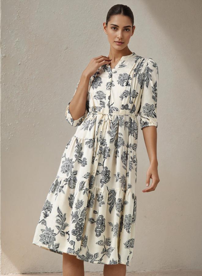 سبلاش فيڤ فستان نسائي متوسط الطول بطبعات زهور وتفاصيل طيات من الفيسكوز - Image 1