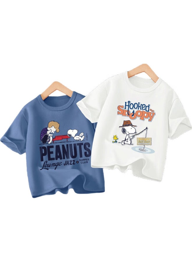 Snoopy (Snoopy) [2-Pack] Children'S Short-Sleeve T-Shirt, Boys And Girls Pure Cotton Summer Wear, Indigo Blue And Red Piano + White Fishing, 160 - Image 2
