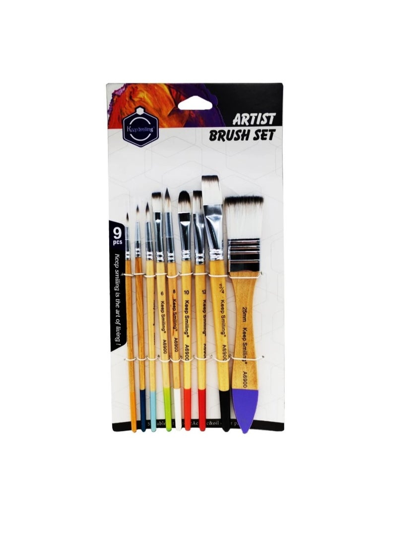 كيب سمايلنج Keep smiling high quality Artist brush 9pcs white nylon brush set - No:A6900  - Image 2