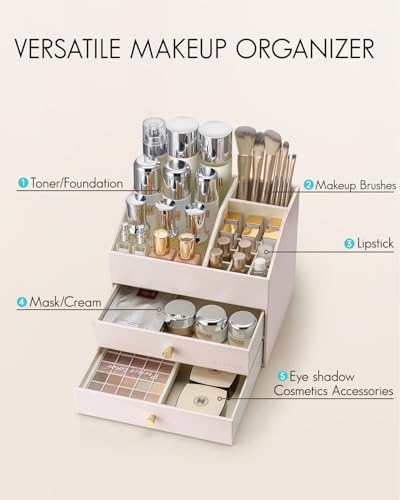 VLANDO Makeup OrganizerSkincare Organizer for VanityPU Leather Make up Organizer with Drawers Cosmetic Display Case for CountertopPerfumeGifts Ideas for Women Apricot White - Image 3