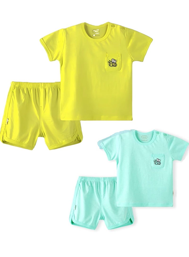 AIWANTO 2 Set Plain With Pocket Bee Design Baby Boy and Baby Girl Clothes Set Cotton T-Shirt and Shorts Yellow & Pear Green (8-15months)