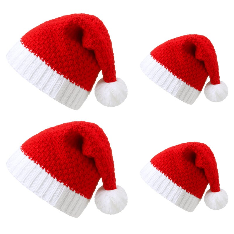 4 Pcs Family Matching Christmas Hat Red and White Slouchy Beanie Hat Knit Crochet Santa Hat with Pom Ball Knitted Warm for Parent Child Xmas