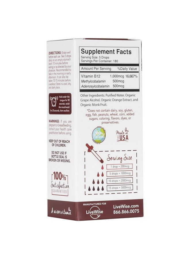 Live Wise Naturals - Liquid B12 Vitamin Sublingual Allnatural Liquid Vitamin Vegan B12 Drops Nongmo Adenosylcobalamin Methylcobalamin B12 Supplement Boost Your Immune System Metabolism Energy And Focus! - Image 1