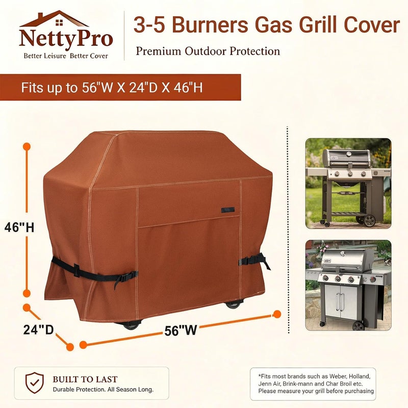 NettyPro غطاء شواية ، مقاس 56 بوصة، مقاوم للماء، عالي الجودة، مناسب لأجهزة Weber، Char-Broil، Brinkmann، Nexgrill وغيرها، بلون بني. - Image 5