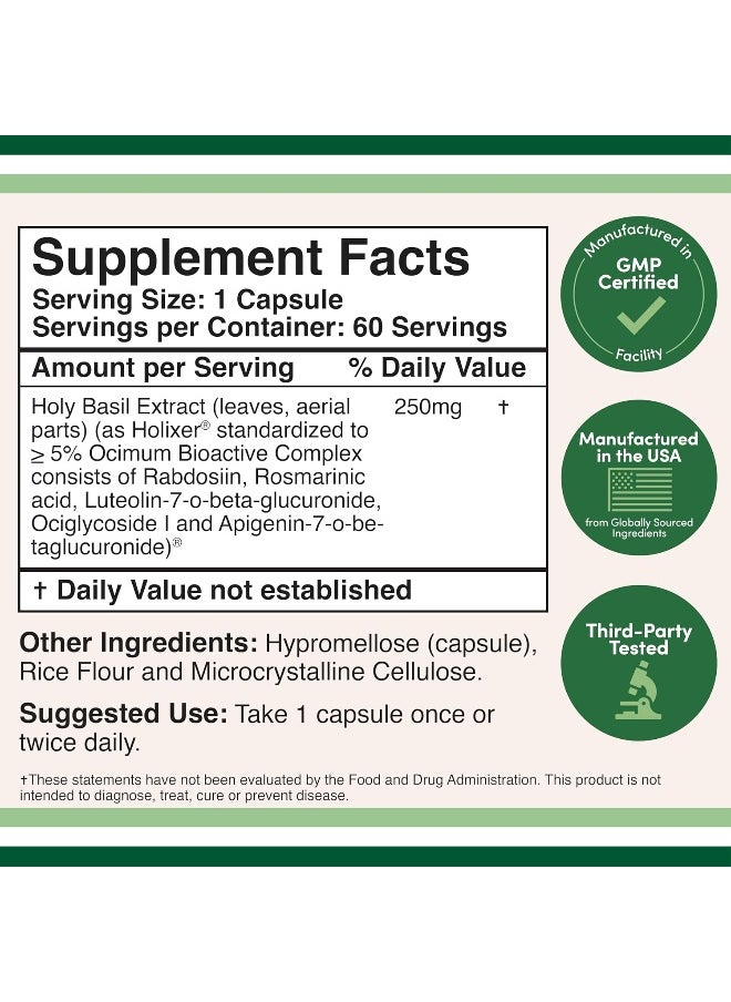 Double Wood Supplements - Tulsi Holy Basil Capsules (Holixer Formula) - World's Only Clinically Studied Holy Basil Leaf Extract (Clinically Shown Results After 60 Days of Use) for Mood and Relaxation by Double Wood - Image 1