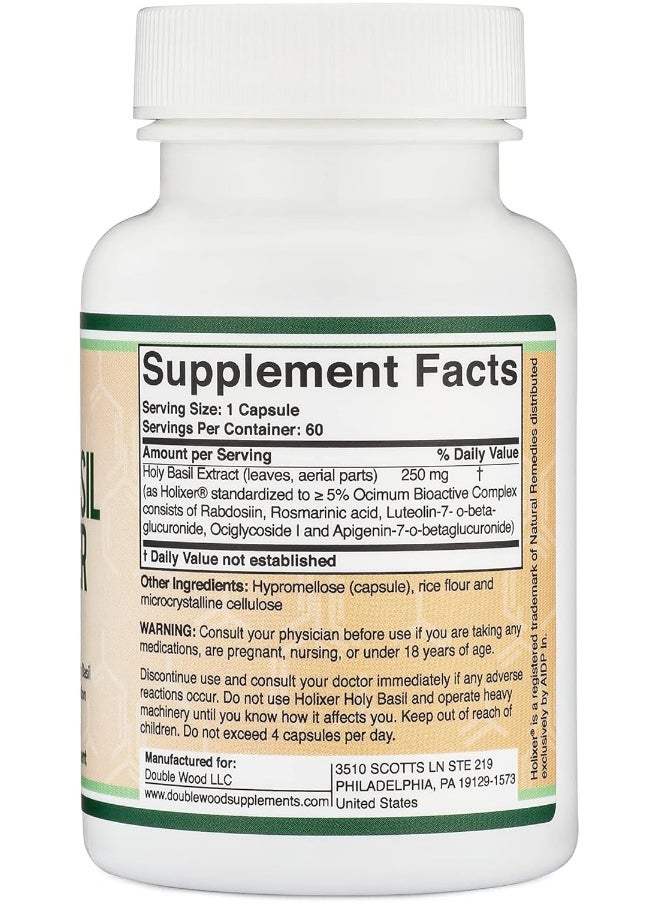 Double Wood Supplements - Tulsi Holy Basil Capsules (Holixer Formula) - World's Only Clinically Studied Holy Basil Leaf Extract (Clinically Shown Results After 60 Days of Use) for Mood and Relaxation by Double Wood - Image 1