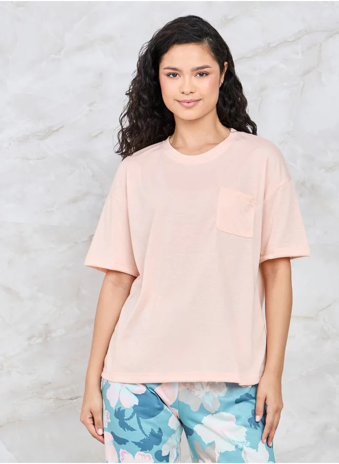 Styli Solid Pocket T-Shirt & Floral Print Pyjama Set