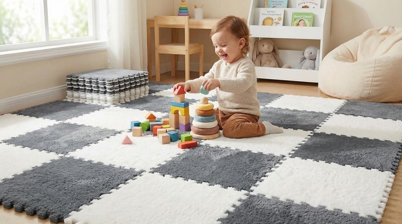 PIHARVA Foam Carpet Mats Interlocking Foam Carpet Mats | Velvet Fluffy Puzzle Floor Tiles | Non-Slip EVA Play Mat for Home, Bedroom, Living Room, Kids Playroom, Nursery, Crawling Area (6 PC) - Image 1