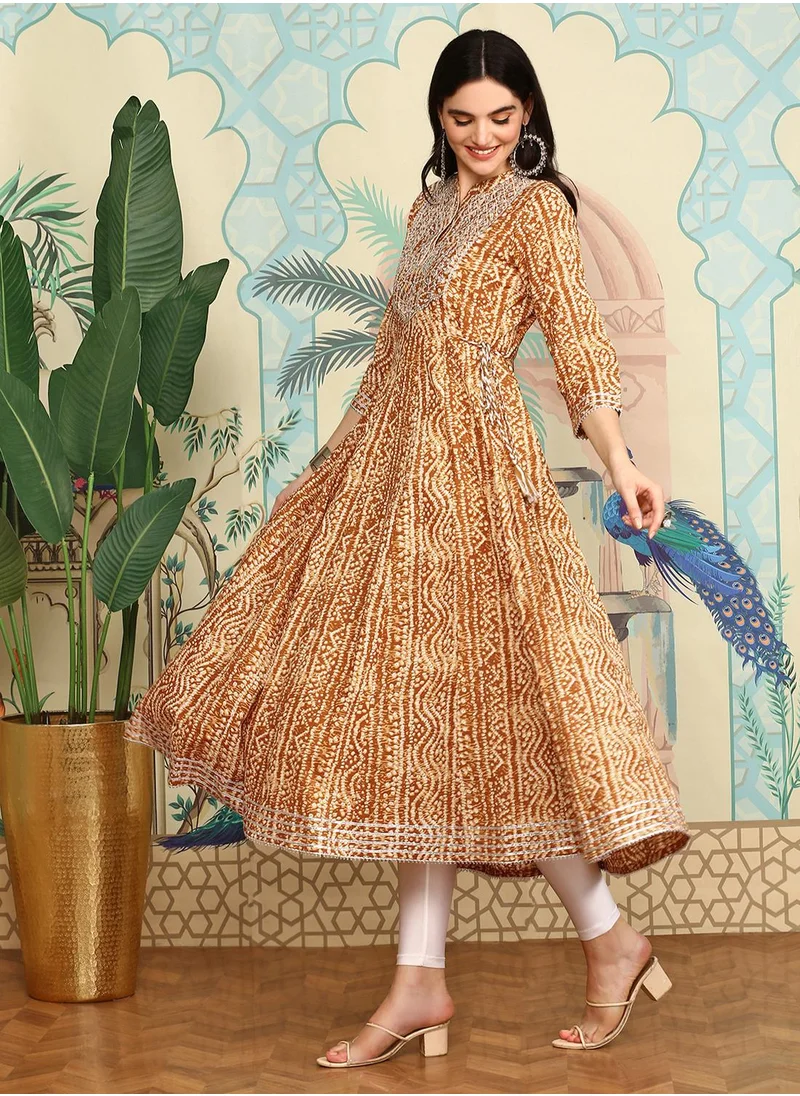 آي شين Aline Fit Self Design Pattern Mandarin Collar Neck Three-Quarter Sleeves Mustard Colour Woven Cotton Kurtas for Women with Semi Elastic Closure - Designed with Style and Comfort