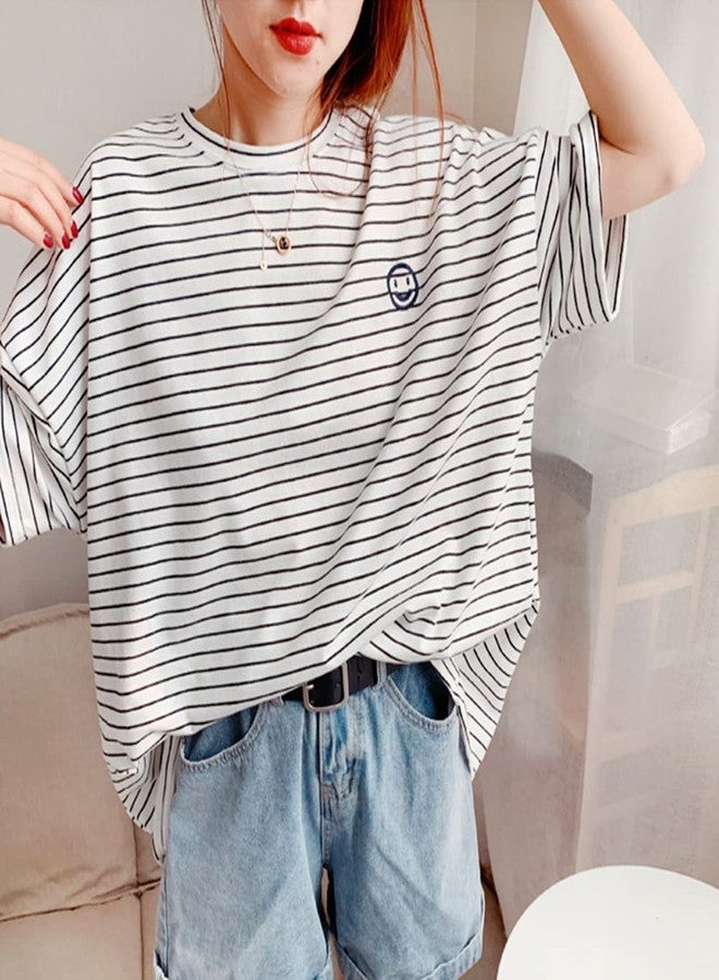 Wiz BBQT Matching Dog and Owner Clothes,White Striped Women Shirt Short Sleeve,Cotton Women Summer Shirt Crewneck,Casual Summer Tops Loose Fit(Owner XL) - Image 2