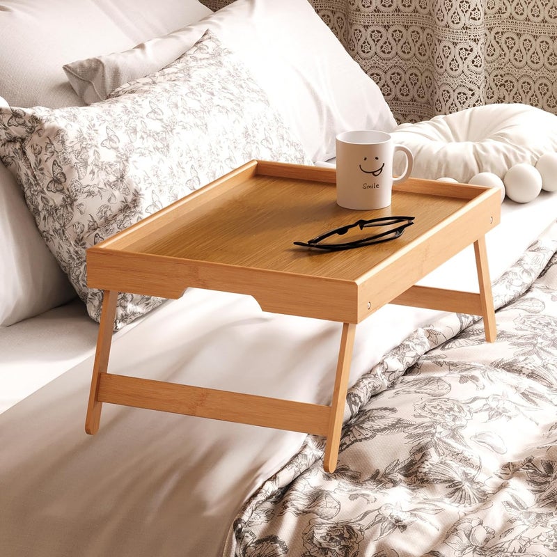 Fibogollo 2 Pack Bamboo Bed Tray Table with Folding Legs,Breakfast Trays,Serving Tray for Food and Snack,Laptop Trays for Working(Natural) - Image 2