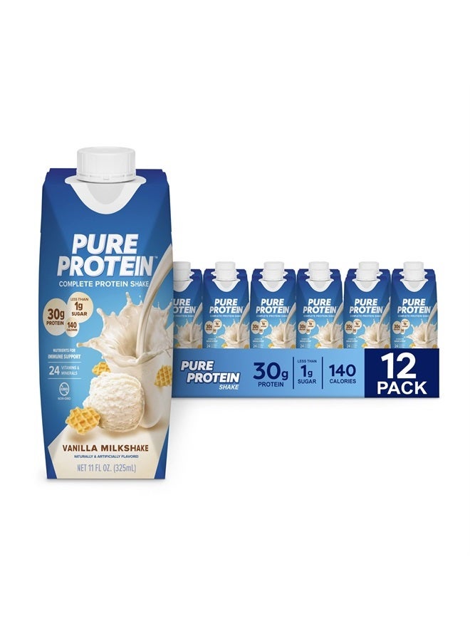 Pure Protein مشروب بروتين بالفانيليا، 30 جرام بروتين كامل، فيتامينات A و C و D و E بالإضافة إلى الزنك لدعم صحة المناعة، جاهز للشرب وصديق للكيتو، زجاجات 11 أونصة، 12 عبوة - Image 1