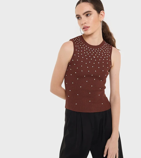 بي سي بي جي BCBG Embellished Flat Knit Top