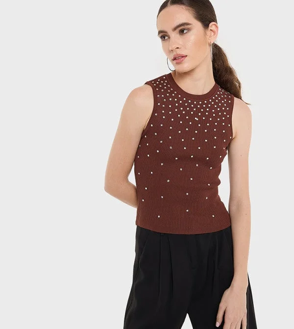 بي سي بي جي BCBG Embellished Flat Knit Top