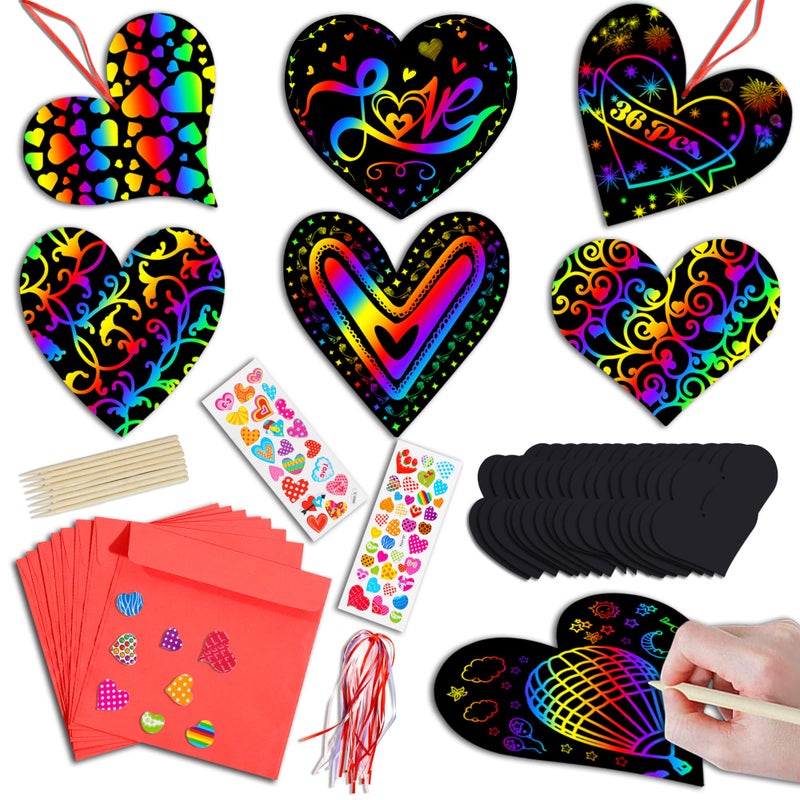 Natonhi 36 Pack Valentines Day Gifts Card for Kids,Heart Rainbow Scratch Art Paper Valentine Crafts for Kids Party Favors Classroom Exchange Prizes - Image 1