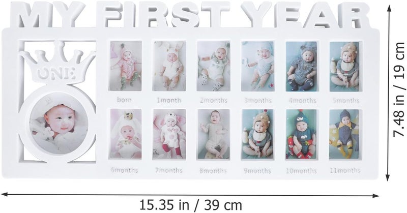إطار صورة معلم 12 شهرًا مع بناء بلاستيكي، إطار صور ذكريات النمو للمواليد الجدد، أبيض 39x19 سم مناسب لعرض السنة الأولى لـ - Image 2