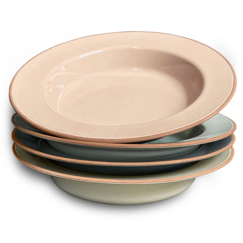 Mora Ceramic Wide Rimmed Soup Bowl 25oz Set of 4  For Pasta Italian Spaghetti Dipping Bread Fancy Dinner etc Large PlateBowls Hybrid For Everyday  Restaurant Use Flat Rim  Assorted Neutrals