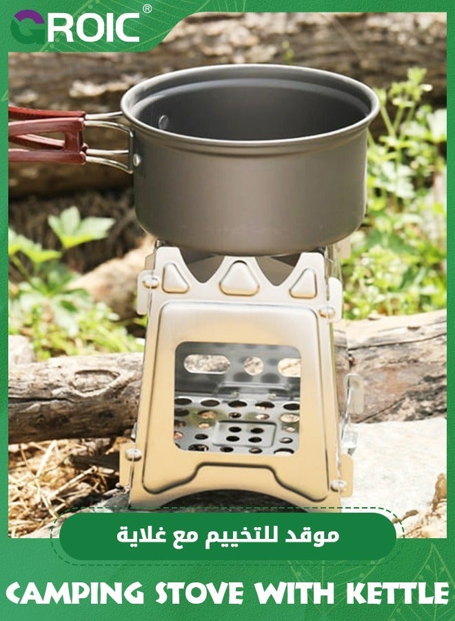 Portable Camping Stove with 1.1L Kettle, Burning Stoves Folding Stainless Steel Stove, Light Weight Backpacking Campfire Camp Kettle for BBQ Picnic Travel Hiking